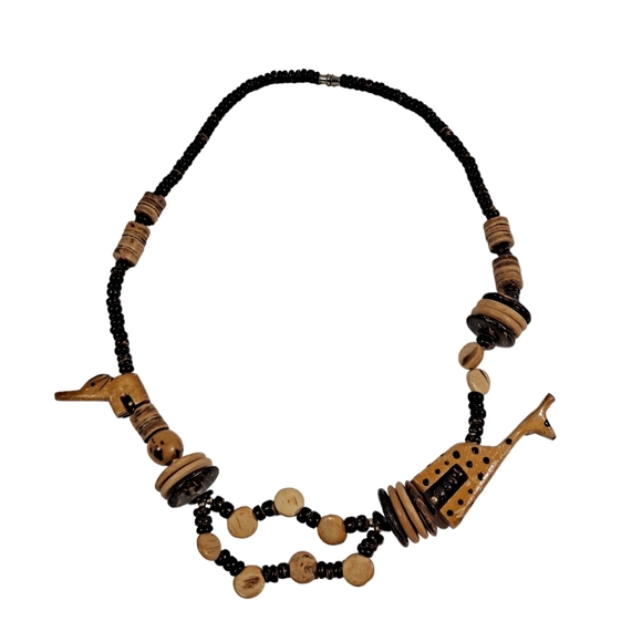 Hand Carved Wooden Tribal Necklace Beaded Elephant Giraffe Brown - Picture 1 of 14